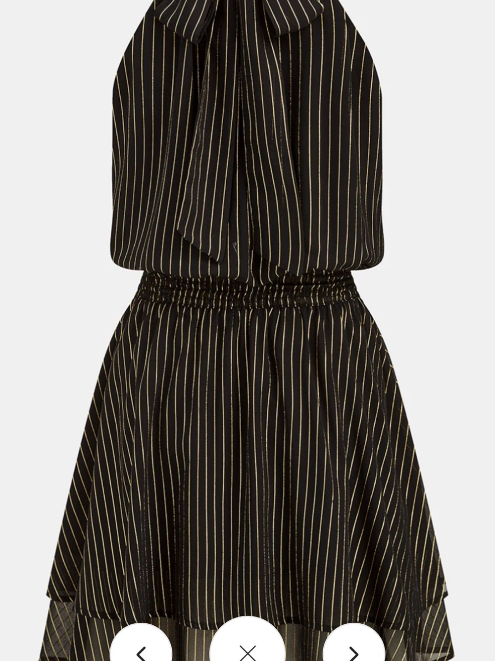 Commense Black Dress with Gold Pinstripes and Halter Bow